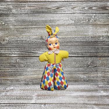 1940s Vintage Dollcraft Lazy Baby Doll, Easter Bunny Rabbit Ears Plush, Harlequin Print, Nursery Little Girls Room Decor, Vintage Toys 