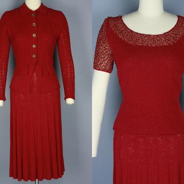1940s 3 PIECE KNIT SET | Vintage 40s Red &amp; Gold Sweater and Cardigan Set with Skirt | small 