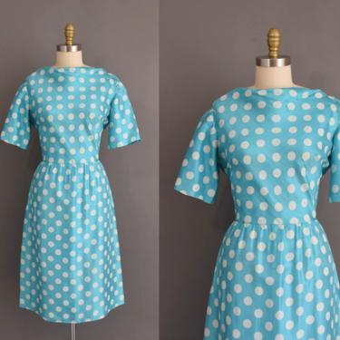 vintage 1950s dress | Adorable Blue Silk White Polka Dot Print Cocktail Party Dress | Large | 50s vintage dress 