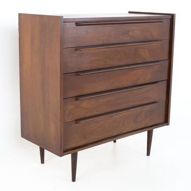 United Style Mid Century 5 Drawer Walnut Highboy Dresser - mcm 
