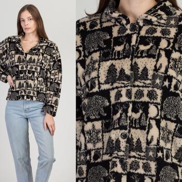 90s Arctic Animal Cropped Fleece Sweater - Large | Vintage Button Up Novelty Print Soft Sweatshirt Jacket 