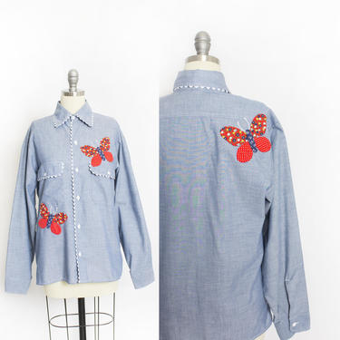 Vintage 1970s Chambray Shirt - Blue Button Up Butterfly Calico Appliqué embroidered - Medium / Small 