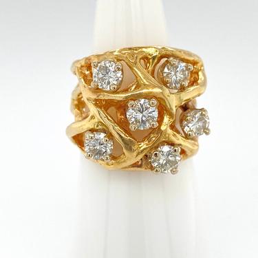 Vintage 1.5 CTW Diamond Ring 14k Yellow Gold Sz 5.5 Branch Cutout Design Setting Brutalist Modernist 