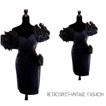 80's Vintage PROM dress TADASHI Dress origami ruffled sleeves, black Saks Fifth Avenue  dress, avant garde vintage dress xs small size 0 / 2 