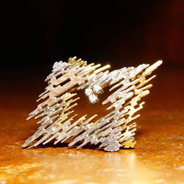 Vintage Brutalist Two-Tone 14K Gold Diamond Brooch, 585 Yellow & White Gold, 3 Diamond Cluster, .18 TCW, Abstract Modernist, 2&quot; L x 1/2&quot; H 
