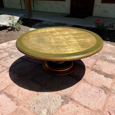 Mid Century Hollywood Regency Round Coffee Table, Gold Leaf Top, Inset Glass Topper Included 