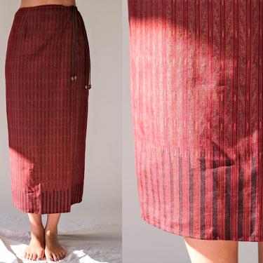 Vintage 90s Y2K Lauren by Ralph Lauren Merlot Southwestern Stripe Silk & Linen Wrap Skirt | Bohemian, Boho | 1990s 2000s Ralph Lauren Skirt 