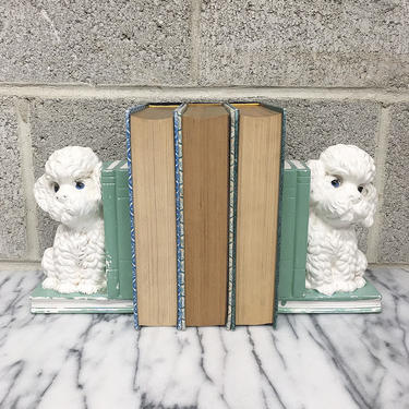 Vintage Bookends Retro 1960s Mid Century Modern + Holman + Ceramic + Hand Painted + White Poodles + Set of 2 Matching + Book Organization 