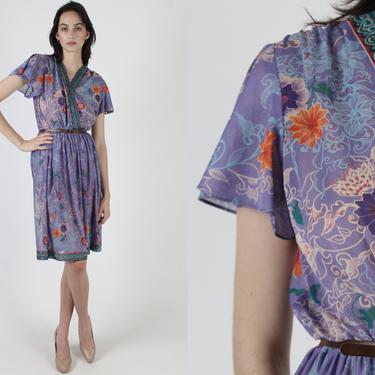 70s Garden Vine Floral Dress / Sheer Purple Deep V Neck / Lightweight Disco Wrap Dress / Womens Airy Summer Shopping Party Mini Dress 