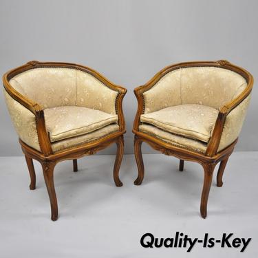 Pair of French Louis XV Style Carved Walnut Barrel Back Boudoir Chairs