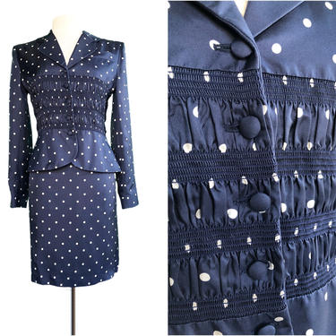 Vintage 90s Christian Dior silk skirt suit/ white & navy blue polka dot/ Made in France/ Authentic Christian Dior Boutique 