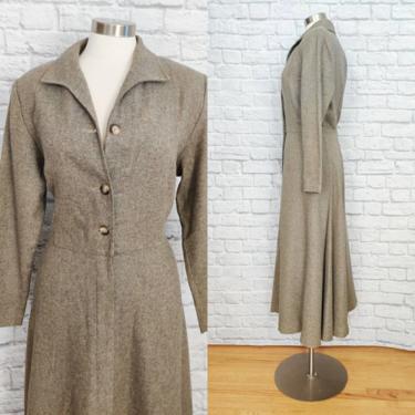 Vintage 80s Brown Wool Coat Dress // Button Up Collared Jacket with Pockets 