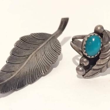 Vintage Artisan Sterling Silver Leaf Brooch and Leaf Cabochon Ring sz 4 