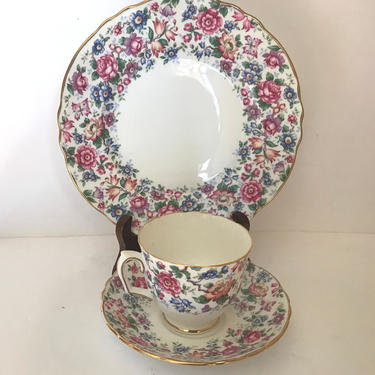 CROWN Vintage Staffordshire (3) Piece Tea Cup,  Saucer and Desert plate Set Chintz &amp;quot;Springtime&amp;quot; Floral with Gold Trim. 