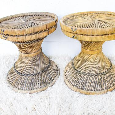 Vintage Woven Rattan and Bamboo Side Tables / Stools (SOLD SEPARATELY) 