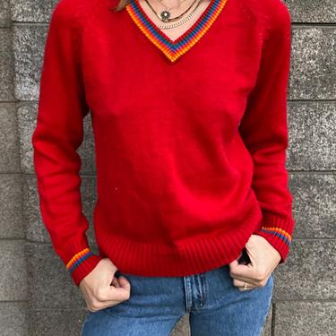 70s Vintage Levi’s Rainbow Stripe Red V Neck Sweater - Long sleeve Pullover Jumper 