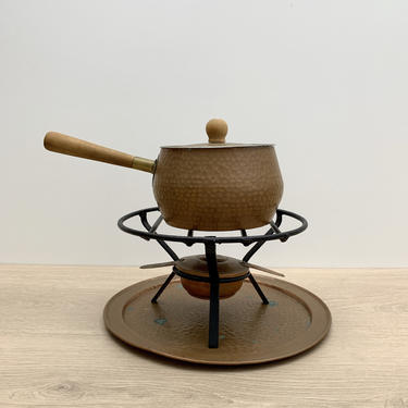 Vintage Fondue Set | Hammered Copper Fondue Pot with Stand, Burner and Tray | Retro Entertaining 