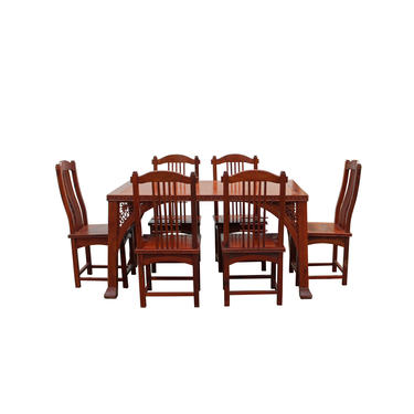 Chinese Yellowish Brown Rosewood Rectangular Dining Table Set 6 Chairs cs4887E 