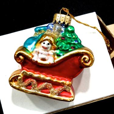 VINTAGE: 1980's - Santa's Sleigh Glittered Glass Ornament - Christmas Ornament - Hand Painted Ornament - (00006341) 