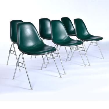 Eames for Herman Miller Stacking DSS Fiberglass Shell Chairs with Green Pads 