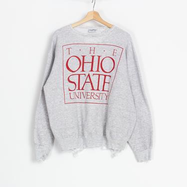 80s Ohio State University Distressed Sweatshirt - Men's Large, Women's XL | Vintage Velva Sheen Heather Grey Long Sleeve Pullover 
