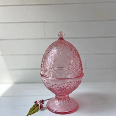 Vintage LE Smith Pink Egg Shaped Candy Dish With Domed Lid // Pink Depression Glass Decorative Dish, Catch All, Easter Decoration // Gift 