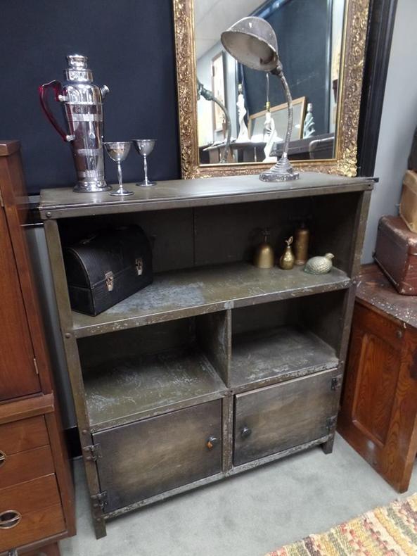 Vintage industrial metal and wood storage cabinet