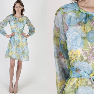 Pastel Floral Chiffon Mini Dress / Vintage 70s Sky Blue Color Dress / 1970s Garden Wedding Party Belted Short Dress 