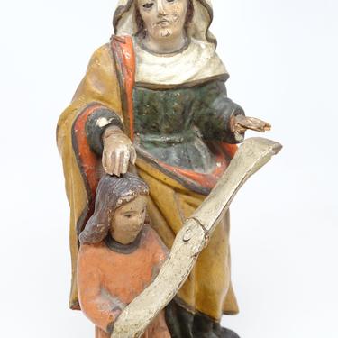 1800's Virgin Mary with Glass Eyes and Child Jesus Santos, Antique Polychrome Hand Carved  Religious Folk Art Christmas Nativity Creche Putz 