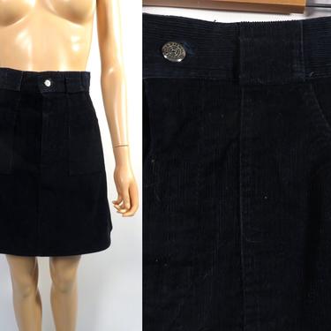 Vintage 70s Navy Blue Corduroy High Waist Deep Pocket A Line Mini Skirt Made In USA Size XS 25 Waist 