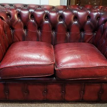 Item #MA44 Vintage Burgundy Leather Chesterfield Two Seat Sofa