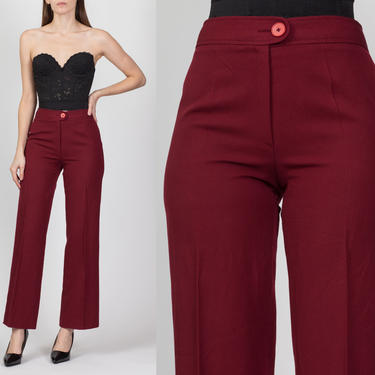 70s Wine Red Straight Leg Pants - Small, 26&quot; | Vintage Wool High Waist Boho Trousers 