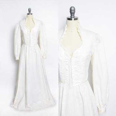 Vintage 1970s Dress Ivory Cotton Corset Maxi Boho 70s Medium 