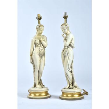 Pair of Greco Roman Muse Ancient Women Chalkware Lamps 