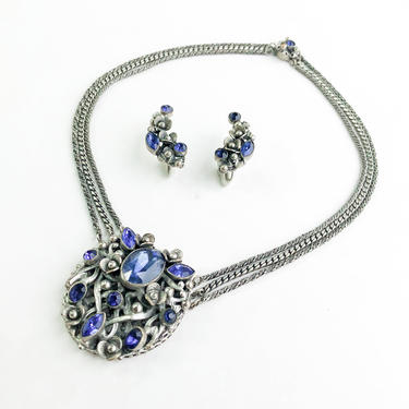 40s Blue Rhinestone Necklace &amp; Earrings Set | Brushed Silver Filigree Necklace Set 