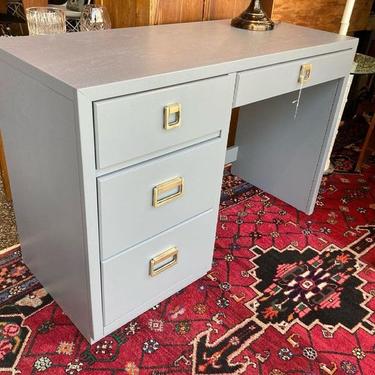 Gray painted mid century desk by Thomasville. 43” x 18” x 29” Rug is $2800 wool, 5 feet x 11 feet. 