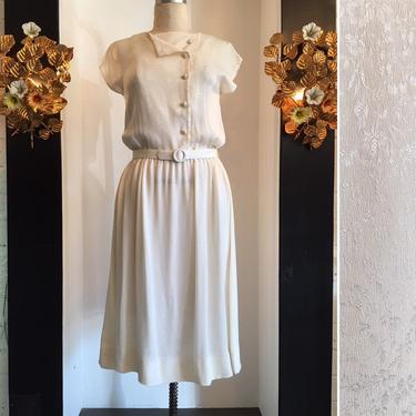1980s blouson dress, ivory silk dress, vintage 80s dress, cap sleeve dress, size medium, asymmetrical buttons, secretary dress 