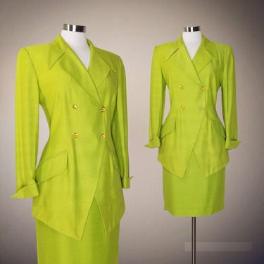 Green Designer Skirt Suit, Medium 6 / Mary McFadden Vintage Suit / 1980s Tailored Long Line Jacket Pencil Skirt Set Cocktail Dress Suit 