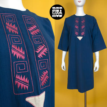 Groovy Vintage 70s Blue Mexican Style Ethnic Hippie Tunic Dress with Pink Embroidery 