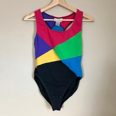 80s Colorblock Bodysuit Leotard | Extra Small/XXS 