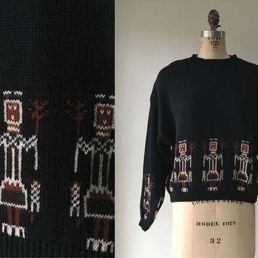1980s Benetton Black Knit Oversized Cropped Sweater Stick Figures 