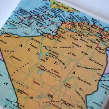 1978 Algeria Map Handmade Vintage Map Coaster - Ceramic Tile Coaster - Repurposed 1970s Rand McNally Atlas - OOAK Drink Coasters 