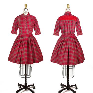 1950s Dress ~ Red Plaid Cotton Full Skirt Dress with Smocking 
