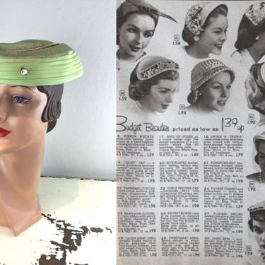 Helen Was a Budget Beauty - Vintage 1950s Lime Chartreuse Green Rayon Fabric Small Dish Hat 