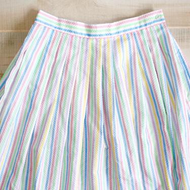 Vintage 60s Seersucker Skirt, 1960s Striped Skirt, Pastel Skirt, Pleated Skirt, High Waisted Skirt, Rainbow Skirt, Spring, A Line, X-Small 