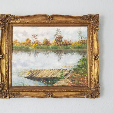 1970s Abstract Lake Landscape Oil Painting by Millman, Framed. 