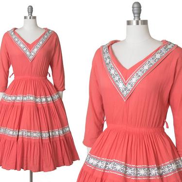 Vintage 1950s Dress | 50s Fiesta Dress Pink Silver Ric Rac Southwestern Square Dance Swing Day Dress  (small/medium) 