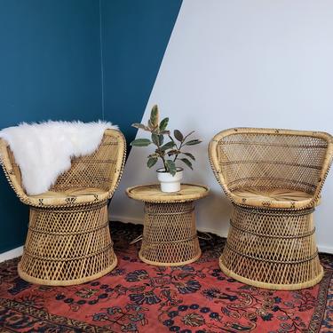 Vintage Wicker Barrel Peacock Chair 3pc Café Set & Drum Table (Shipping Extra) | Boho Mcm Bohemian Buri Rattan Woven 