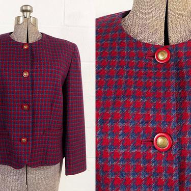 Vintage Pendleton Blazer Boxy Cropped Jacket Maroon Gray Burgundy Plaid Long Sleeve Coat Designer Brass Buttons Suit Wool 60s Medium Large 