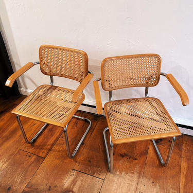 Marcel Breuer Cesca Cantilever Chrome and Cane Chairs, Beechwood, Chrome Arm Chairs, Chrome Cane Chairs, Made in Italy 